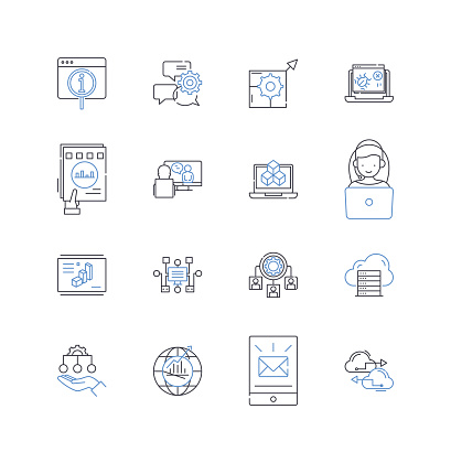 Virtual hardware outline icons collection. Simulation, Emulation, Virtualization, Cloud, Hypervisor, Containerization, Scalability vector and illustration concept set. Partitioning,Replication linear signs and symbols