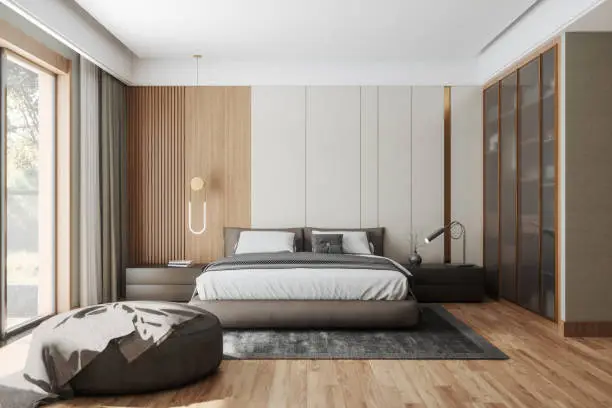 3D Rendered interior of a modern luxury bedroom with garden view.