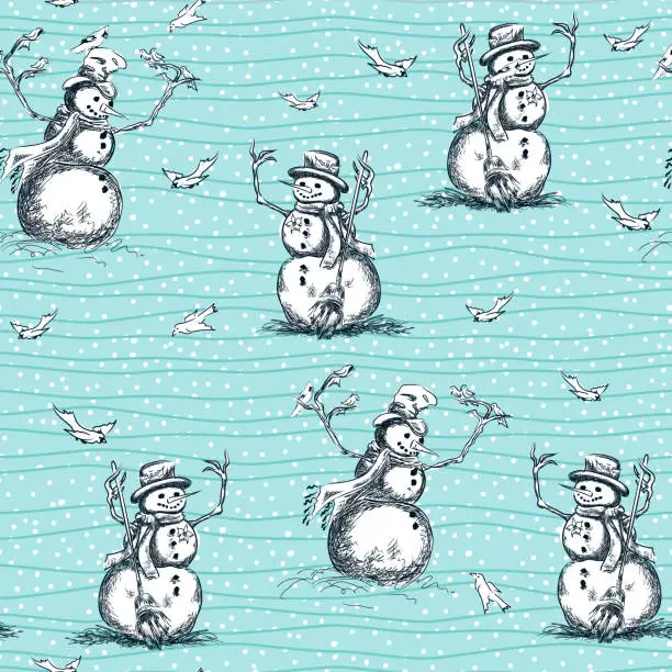 Vector illustration of Sketchy Snowman And Birds  Seamless Pattern