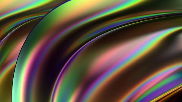 istock Rainbow chrome beautiful reflection of bended metal plate psychedelic cyberpunk modern 3d rendering background material 1485735044