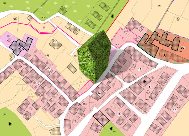 istock Imaginary city map with a green building - The architecture of the future - concept image 1485736577