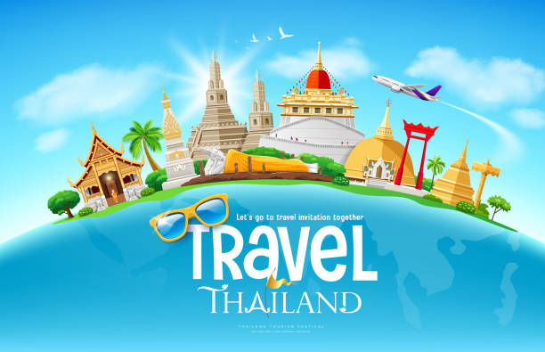 Tailândia coloca design de festival de turismo de arquitetura no mapa do mundo, avião, nuvem e céu no fundo azul - ilustração de arte em vetor