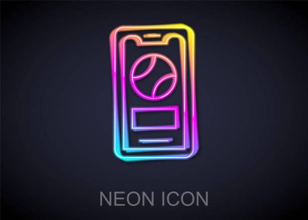 Glowing neon line Smartphone with baseball ball on the screen icon isolated on black background. Online baseball game for mobile phone. Vector Glowing neon line Smartphone with baseball ball on the screen icon isolated on black background. Online baseball game for mobile phone. Vector. baseball-scorecard stock illustrations