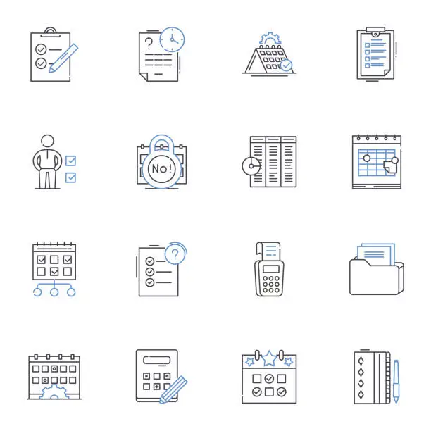 Vector illustration of Time frame line icons collection. Chronology, Duration, Schedule, Timeline, Interval, Moment, Tempo vector and linear illustration. Sequence,Deadline,Limit outline signs set