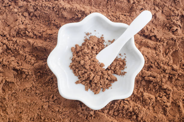 istock Small white porcelain bowl with cocoa powder. Top view, close-up, selective focus 1485740113