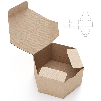 This is a 3D render illustration of a hexagonal pacakge box with blueprint drawing