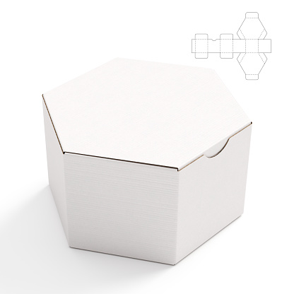 This is a 3D render illustration of a hexagonal pacakge box with blueprint drawing