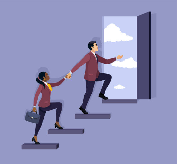 Team of business climbing stairs to an open door. Working together creates progress and winners concept. vector art illustration