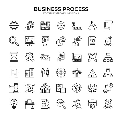 Improve the efficiency of your business operations with these Business Process Icons. This set of 42 editable stroke line icons provides a visual representation of various business processes, helping you to streamline workflows and increase productivity. Perfect for presentations, reports, and websites, our icons are easy to customize and integrate into your existing systems.