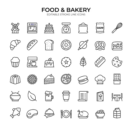 Browse this collection of 42 editable stroke line icons featuring food and bakery items, perfect for any restaurant or bakery-related project.