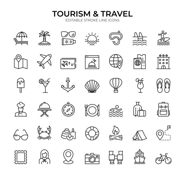 ilustrações de stock, clip art, desenhos animados e ícones de travel and tourism icons: 42 editable stroke vector line icons - summer resort id card sign paperwork