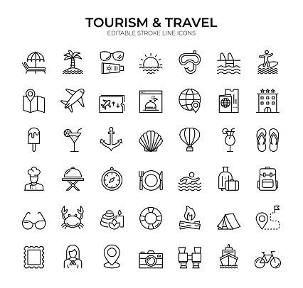 Travel and Tourism icon set features 42 modern and stylish editable stroke vector line icons, perfect for your digital and print needs. These icons cover a wide range of themes, including transportation, accommodation, food and drink, landmarks, and more. Whether you're designing a website, brochure, or other marketing materials, these icons are a versatile and useful tool.