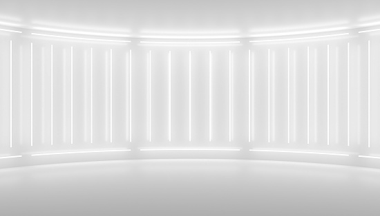 White minimalistic abstract 3d background. Neon light from lamps on the walls of the circular stage.