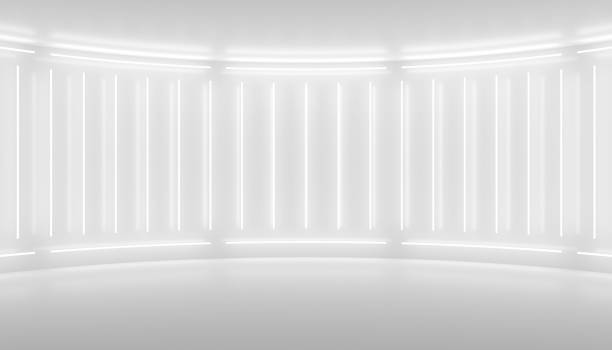 white minimalistic abstract 3d background. neon light from lamps on the walls of the circular stage. - black and white architecture surrounding wall wall imagens e fotografias de stock