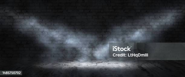 Background Of An Empty Darkblack Room Empty Brick Walls Lights Smoke Glow Rays Stock Photo - Download Image Now