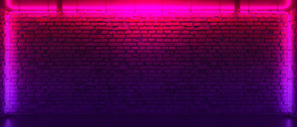 istock Brick wall, background, neon light. Neon room 1485751294