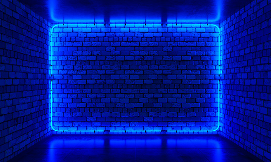 Brick wall, background, blue neon light frame. Neon room.