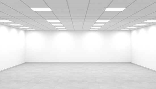 White bright empty office room panorama with square ceiling lights.