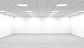Empty bright office room with white walls and square lights.