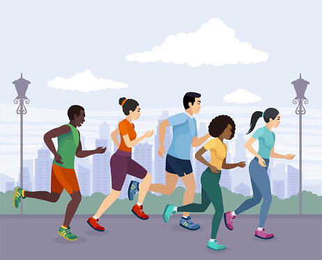 Multi-ethnic group of People running. City run marathon. Running men and women.