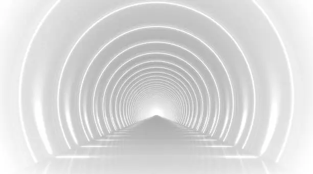 Photo of White round tunnel podium abstract background. Light reflection stage.