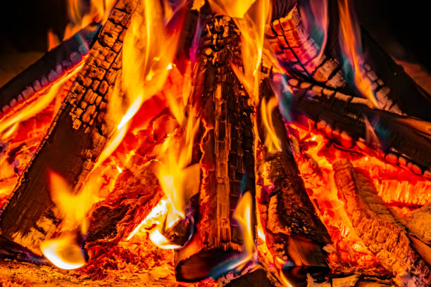 木製の薪の燃料で暖炉で火を丸投げする