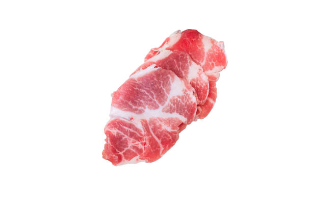 Fresh sliced raw pork meat for shabu isolated on white background, clipping path include, top view stock photo