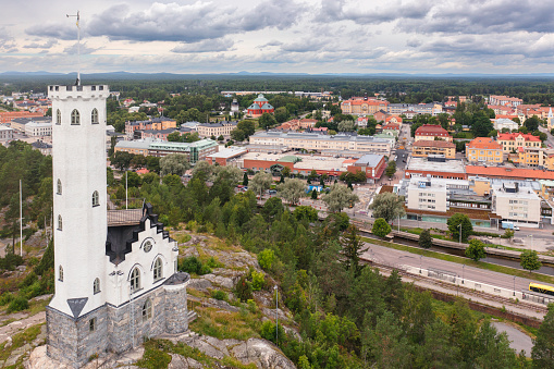 Aerial view of Söderhamn in the Hälsingland province of Sweden on the Norrland coast. In the foreground is Oscarsborg, an observation tower from 1895.