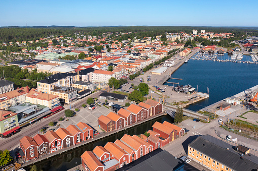 Aerial view of the coastal city Hudiksvall in the Hälsingland province of Sweden on a summer day.