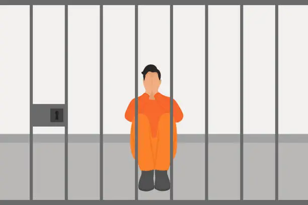 Vector illustration of Sad Man In Prison Uniform Sitting On The Floor Of Jail