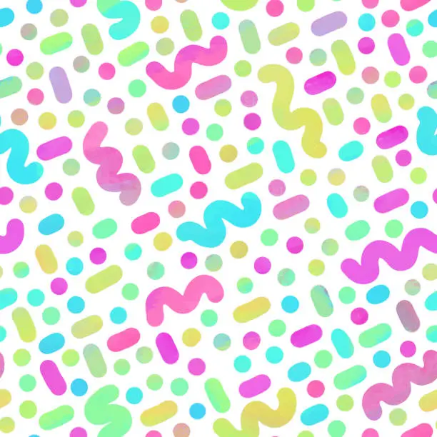 Vector illustration of Watercolor Multicolored Confetti Abstract Seamless Pattern. Birthday party flyer template. Design element for sale banners, posters, labels, invitation cards and gift wrapping paper.