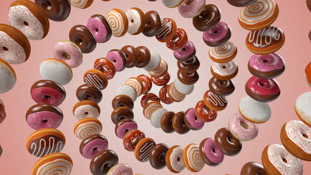 Donuts Rotating in a 3D space. 4K looped video.