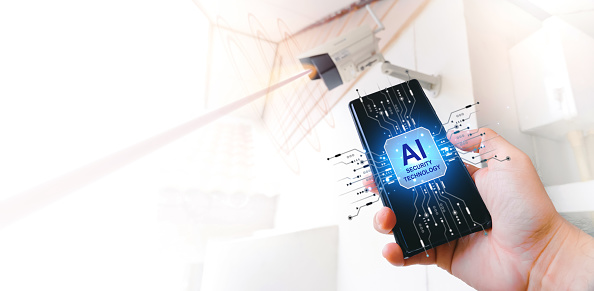 AI artificial intelligence security technologies,home security protection control by mobile phone and AI artificial intelligence technology,copy space.