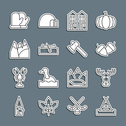 Set line Indian teepee or wigwam Moose head with horns Acorn House Kayak canoe Mountains Christmas mitten and Wooden axe icon. Vector.
