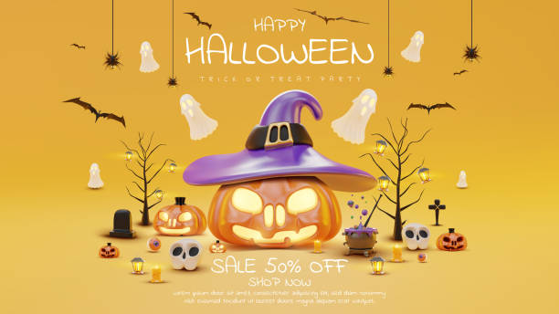istock Halloween sale banner template background and realistic 3D Halloween ornament, pumpkin, ghost, bat,spider. Vector illustration. 1485763268