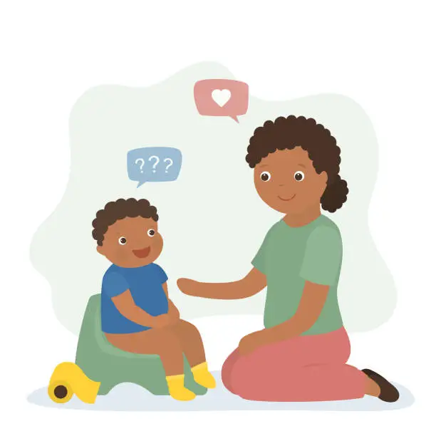 Vector illustration of Mom starts toilet training son. Small african american child sits on potty, cute baby pees and poops. Cartoon little boy sitting on toilet. Kid character, infant in lavatory.