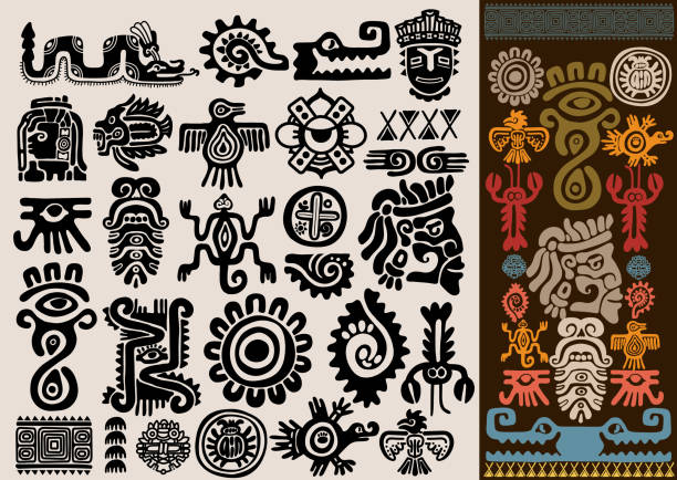 ilustrações, clipart, desenhos animados e ícones de símbolos dos deuses mexicanos. conjunto de ídolos de totem de pássaro animal azteca, antiga civilização inca maia primitiva sinais tradicionais. coleção vetorial cores mexicanas. símbolos da cultura indígena e rituais míticos. - maya