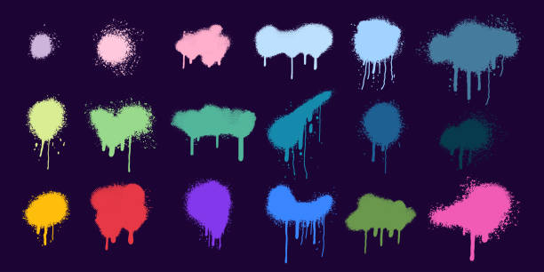 ilustrações de stock, clip art, desenhos animados e ícones de set of spray paint dots. splatter drips, grunge art circle texture, graffiti dirty sprayed paint. abstract paint texture vector illustration. collection splatter paint, drip graffiti, splatter texture - tempera painting illustrations