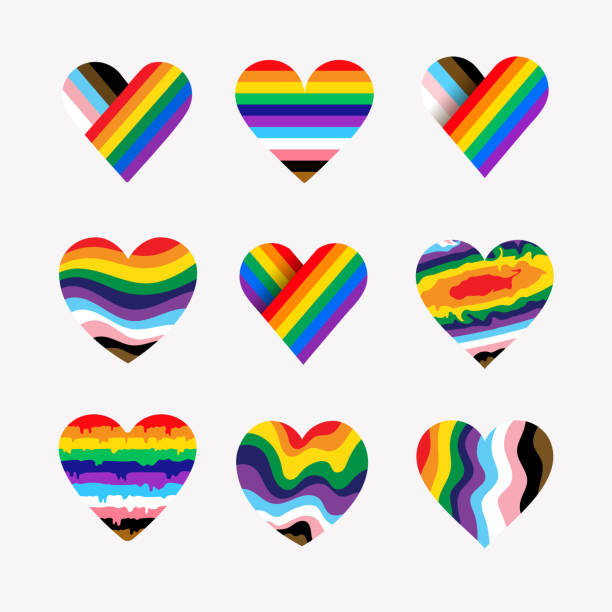 lgbtq 프라이드 하트 세트. lgbt progress pride rainbow flag 패턴이 있는 하트 모양. 프라이드의 달 6월. lgbt 하트 물결 모양의 무지개 프라이드 게이, 레즈비언 깃발 아이콘 다채로운 개념. 벡터 그림입니� - heart shape gay pride gay pride flag lesbian stock illustrations