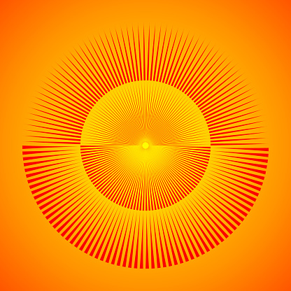 Sun icon made of slim triangles in two orbits in two semi circles