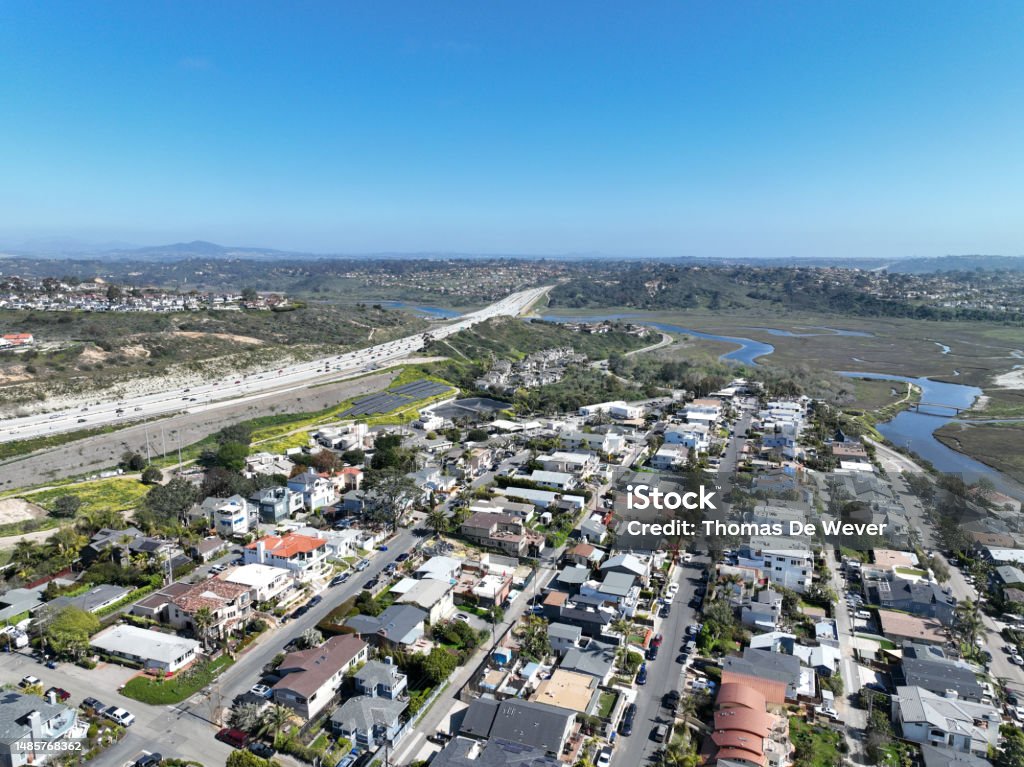 Aerial view of Encinitas town in San Diego, California Aerial view of Wealthy Encinitas town in San Diego South California, USA. Encinitas Stock Photo