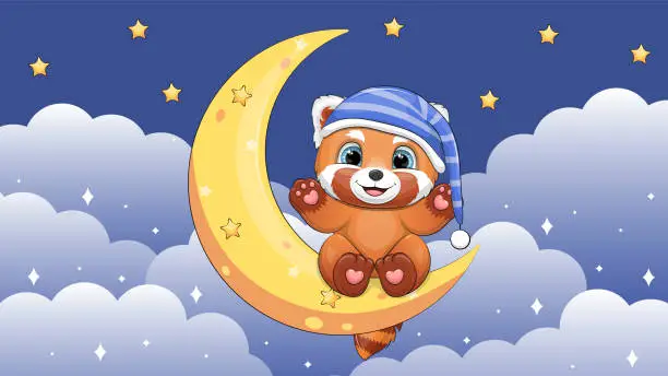 Vector illustration of A cute cartoon red panda in a nightcap sits on the moon.