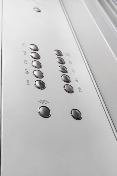 istock Gray elevator panel with silver buttons in a ten-story building 1485772039
