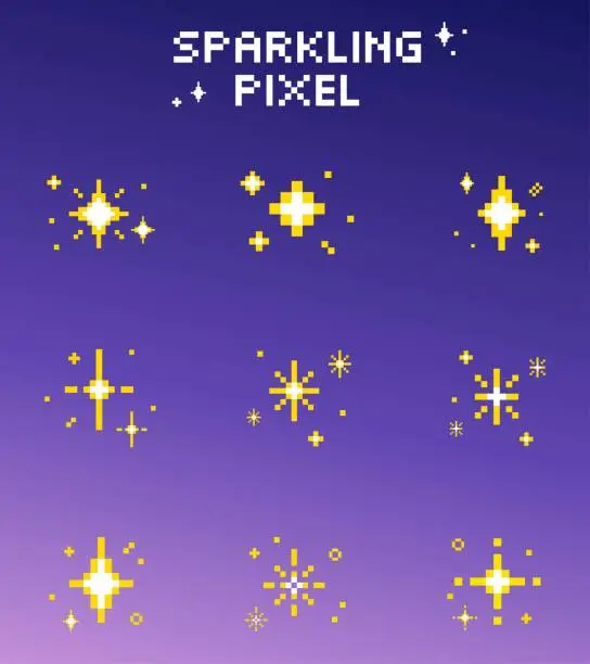 Vector illustration of Sparkling pixel set vector bright yellow sparkle star, Stars, glitter, sparkles. Starry sky pixel art set. Space shining object