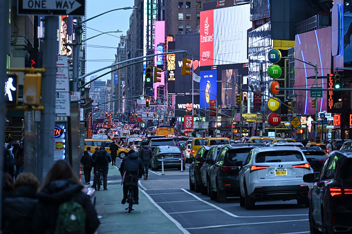 New York City, United States, April 7, 2023 - Rush hour on Seventh Ave near Time Square, New York, North Hudson, United States.