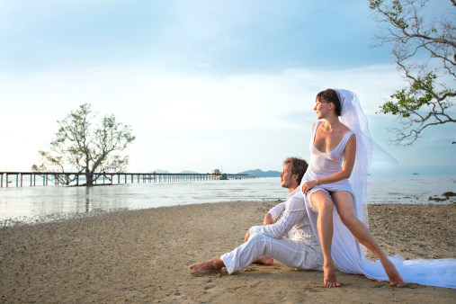 beautiful couple on the beach in wedding dress