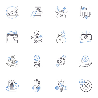 Savings outline icons collection. Frugality, Economy, Couponing, Thrift, Discounting, Conservation, Bargaining vector and illustration concept set. Cautious,Foresight linear signs and symbols