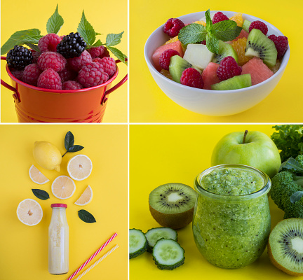 Collage of healthy food. Fruit and vegetable smoothie, fruit salad, berry on the yellow background. Close-up.