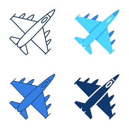 Military aircraft icon set in flat and line style. War plane symbol. Vector illustration