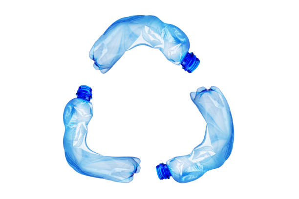 istock Recycle symbol made of blue plastic bottles isolated on white background. 1485780531